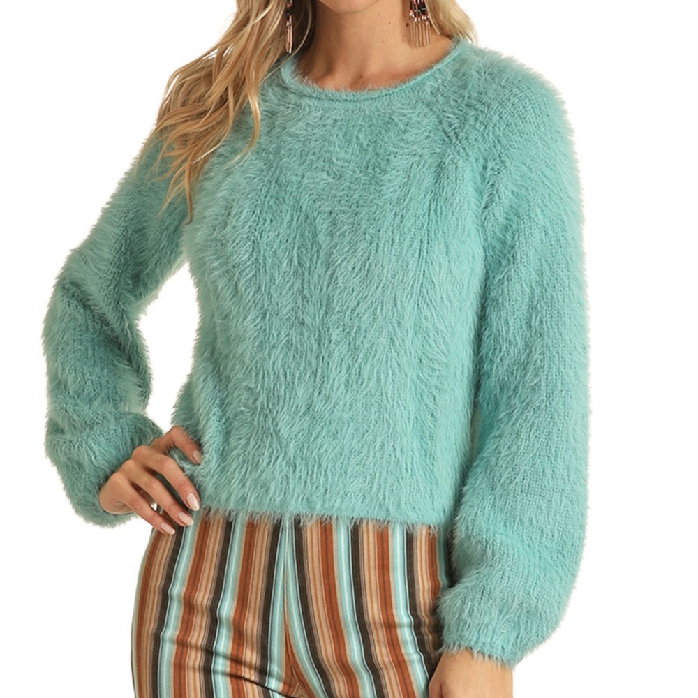 Rock & Roll Denim Ladies Fuzzy Solid Turquoise Sweater